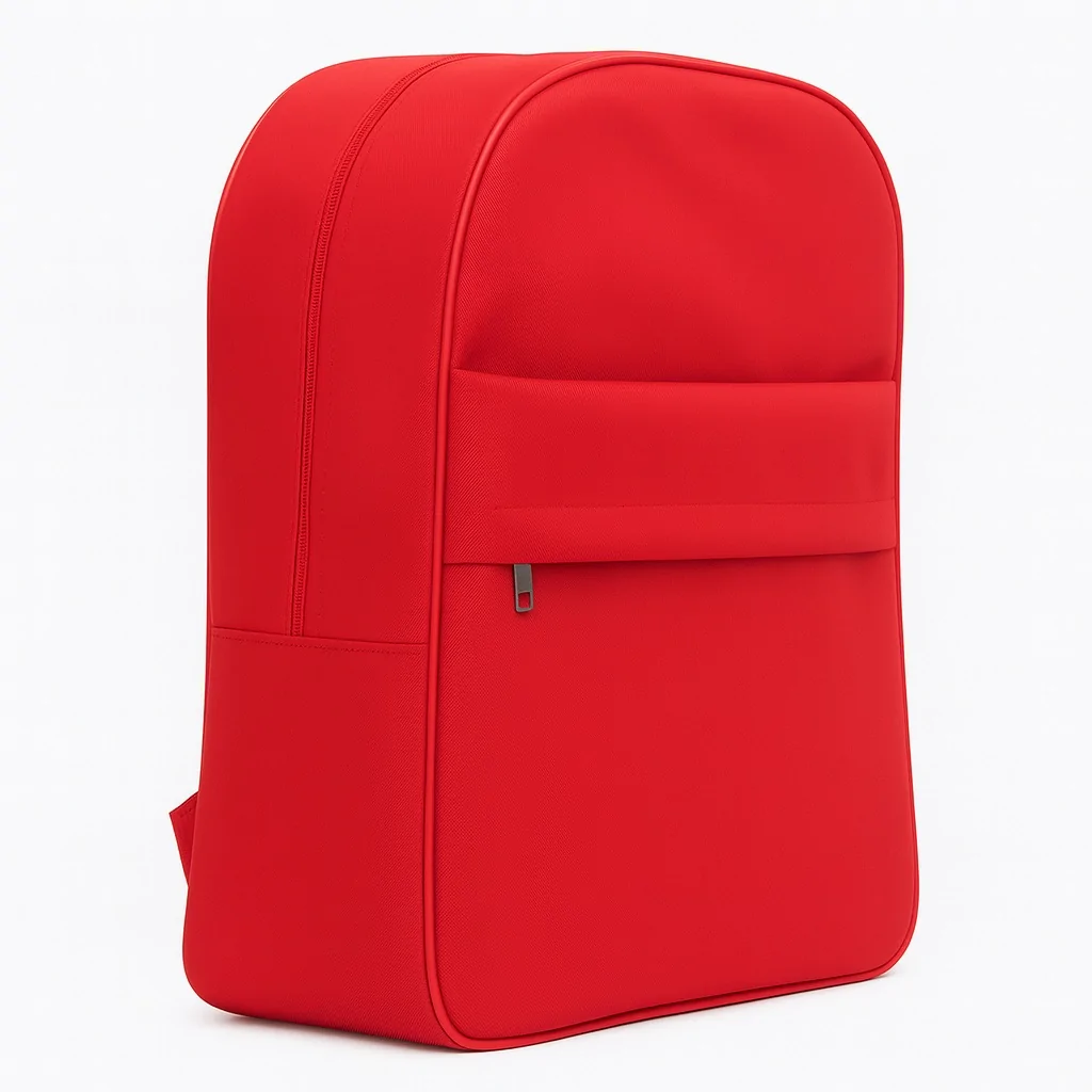 Customizable red school backpack in side view, showing minimalist design with front pocket and zipper.