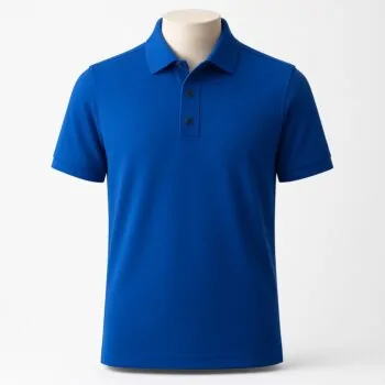Customizable men’s polo shirt in navy blue with pointed collar and three-button placket.