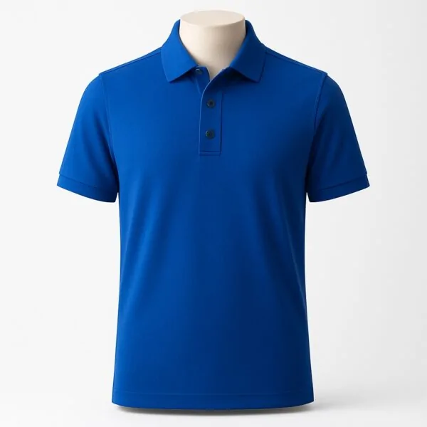 Customizable men’s polo shirt in navy blue with pointed collar and three-button placket.