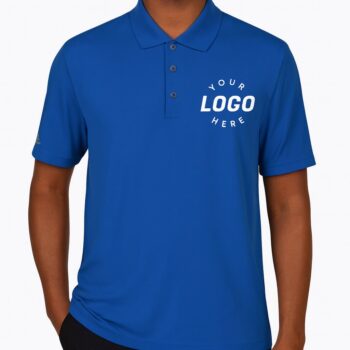 Customizable men’s polo shirt in royal blue with “YOUR LOGO HERE” chest text and optional sleeve logo.
