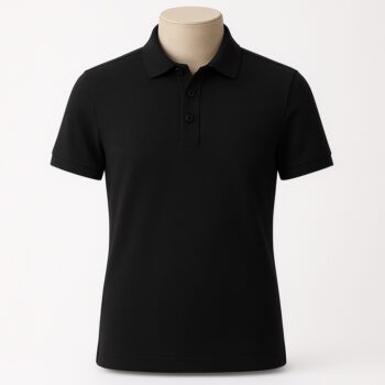Customizable men’s polo shirt in pure solid black with pointed collar and four-button placket.