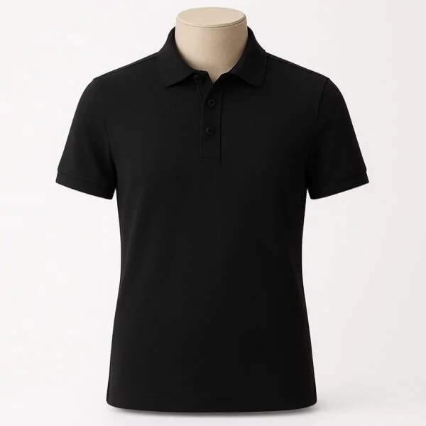 Customizable men’s polo shirt in pure solid black with pointed collar and four-button placket.