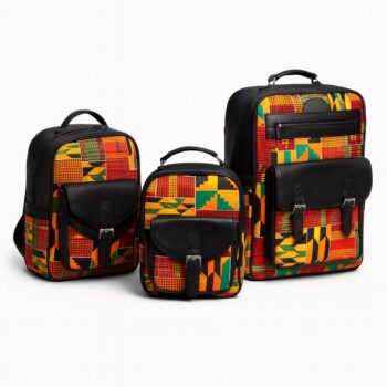 Three-piece set of African print backpacks – A group of three structured backpacks in small, medium, and large sizes, featuring bold Kente-inspired print in yellow, orange, green, and red, combined with black leather panels and pockets, displayed on a clean white background.