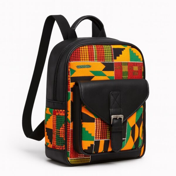 Small African print backpack on white background – A compact, rectangular backpack with vibrant Kente fabric panels and a black leather front pocket with a silver buckle, photographed against a pure white backdrop.