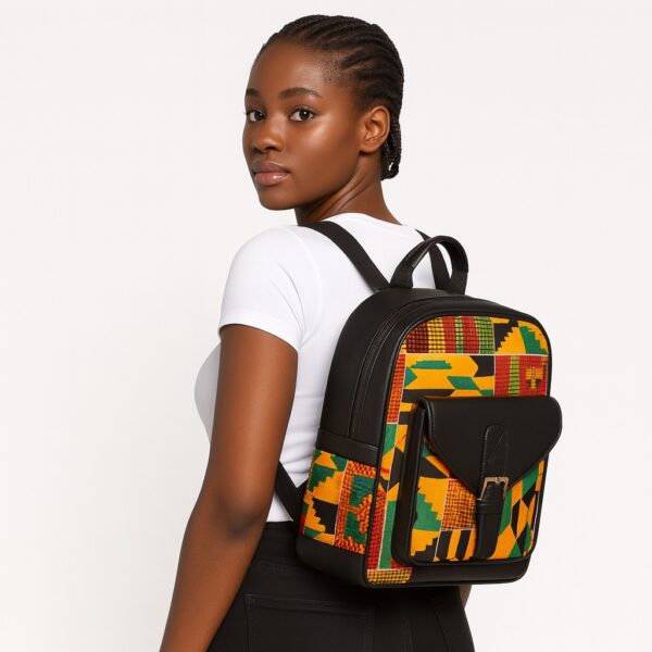 Woman wearing small African print backpack – A beautiful young African woman in a white fitted t-shirt and black pants, wearing a small Kente-pattern backpack with black leather accents over both shoulders, looking over her shoulder toward the camera.