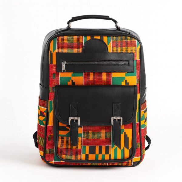 Large African print backpack on white background – A tall rectangular backpack with vibrant Kente print and black leather top, pocket flaps, and zipper section, photographed upright on a white surface.
