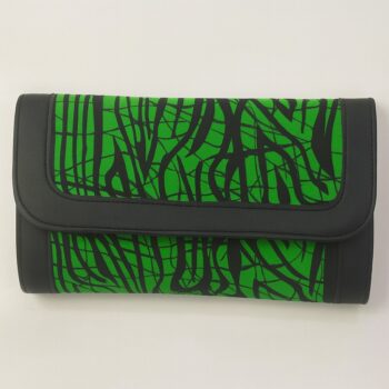 Single African print Ankara ladies' purse – green background with bold black abstract line pattern, finished with black leather trim, displayed on a white background.