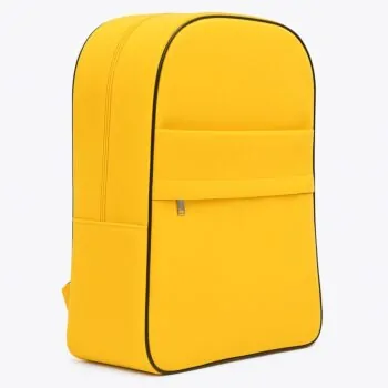 Bright yellow school backpack with black piping and front zippered pocket, shown in side view.