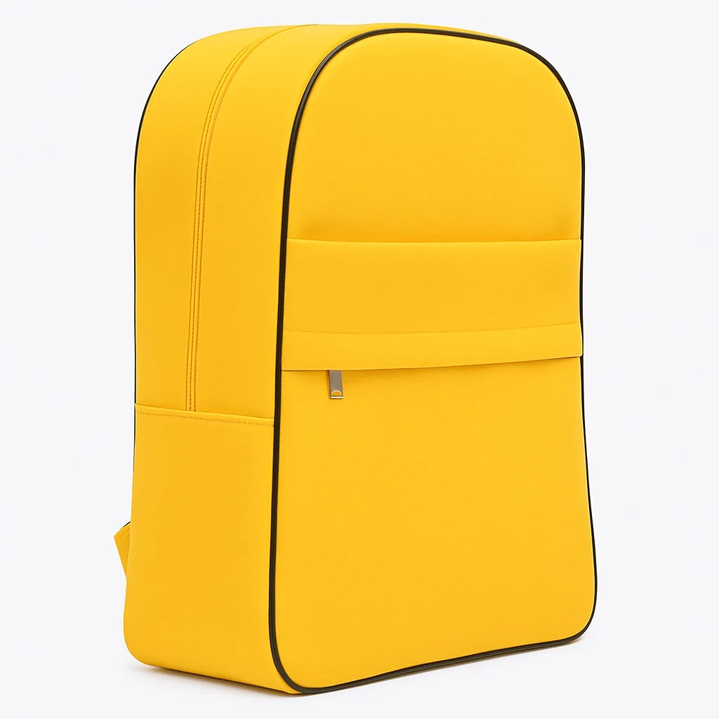 Bright yellow school backpack with black piping and front zippered pocket, shown in side view.