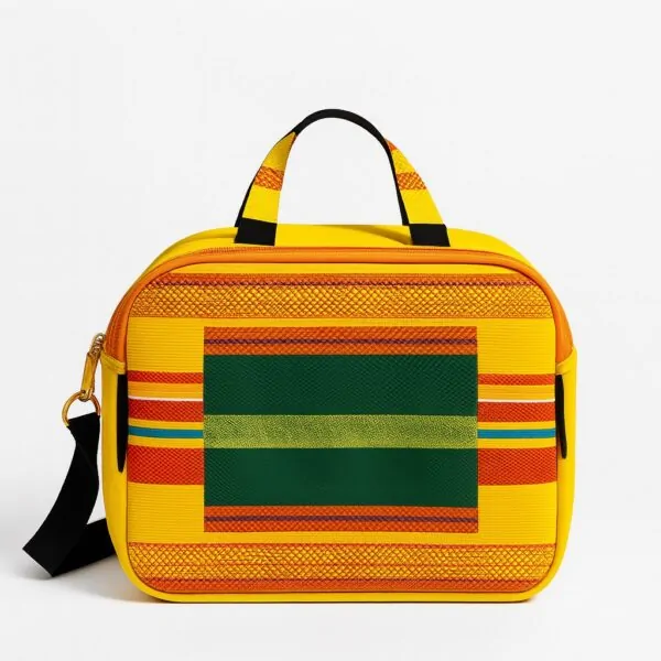 Yellow patterned lunch bag with black zippers and orange handle.
