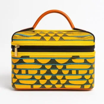 Yellow lunch bag with green and orange kente-inspired stripes and a top handle.