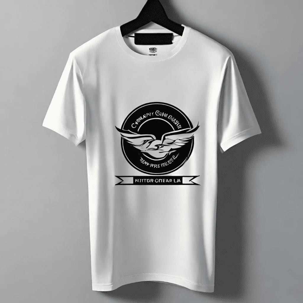 White t-shirt with a branded logo on a hanger.