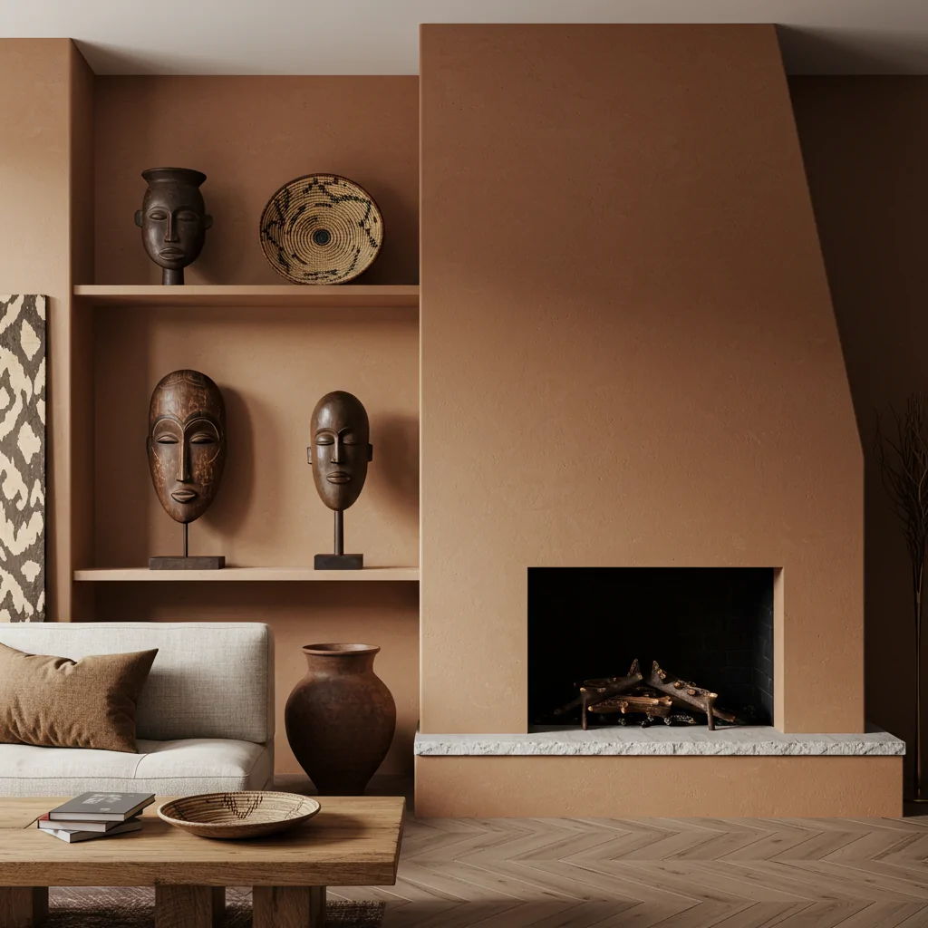 A modern African home interior with shelves and mantels displaying handcrafted artifacts—wooden masks, bronze sculptures, handwoven baskets, and clay pottery.