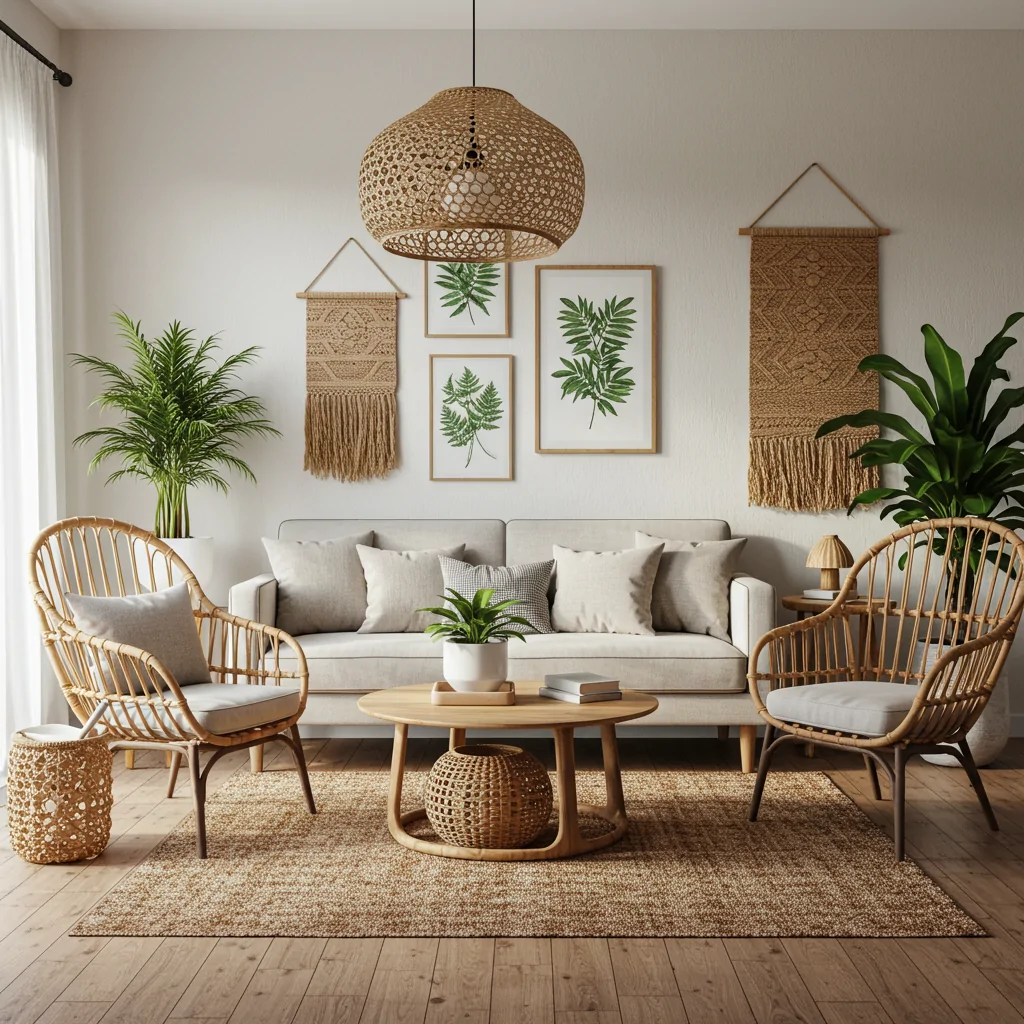 A cozy Afro-bohemian living room decorated with natural materials like rattan chairs, a sisal rug, jute wall hangings, and wooden accents.