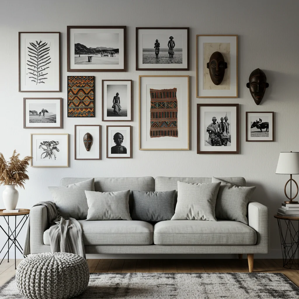A stylish living room with a gallery wall that features African photography, tribal textile art, colorful prints, and traditional masks.