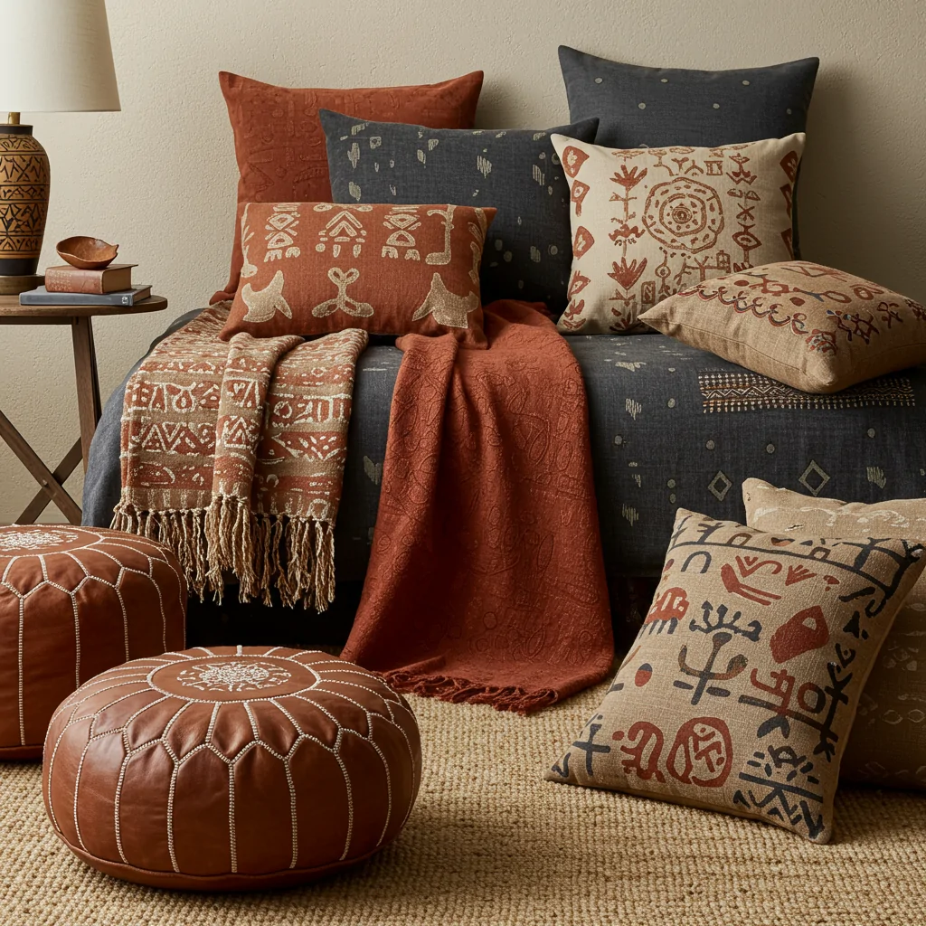 An inviting African-themed room with layered textures—mud cloth throw blankets, sisal area rugs, leather poufs, and embroidered pillows.