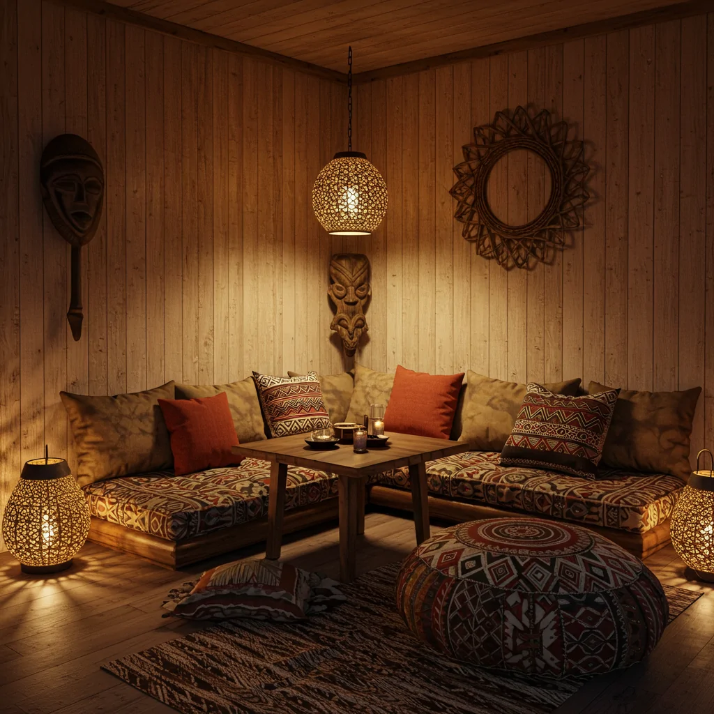 A soulful Afro-bohemian corner with low seating, tribal-print floor cushions, hanging lanterns, and soft ambient lighting.