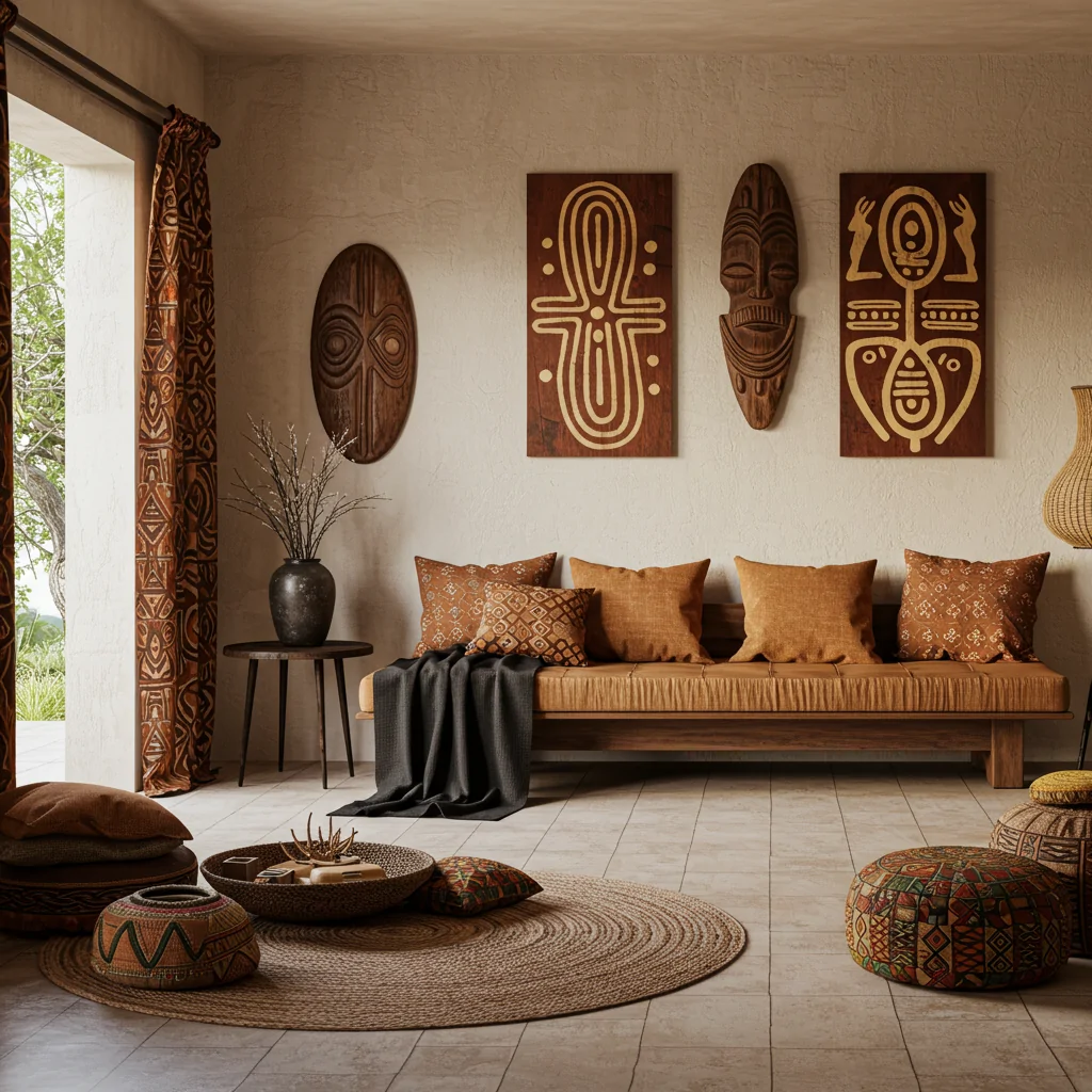 An artistic African-inspired interior with Adinkra symbols and tribal patterns used in wall art, carvings, and fabric.