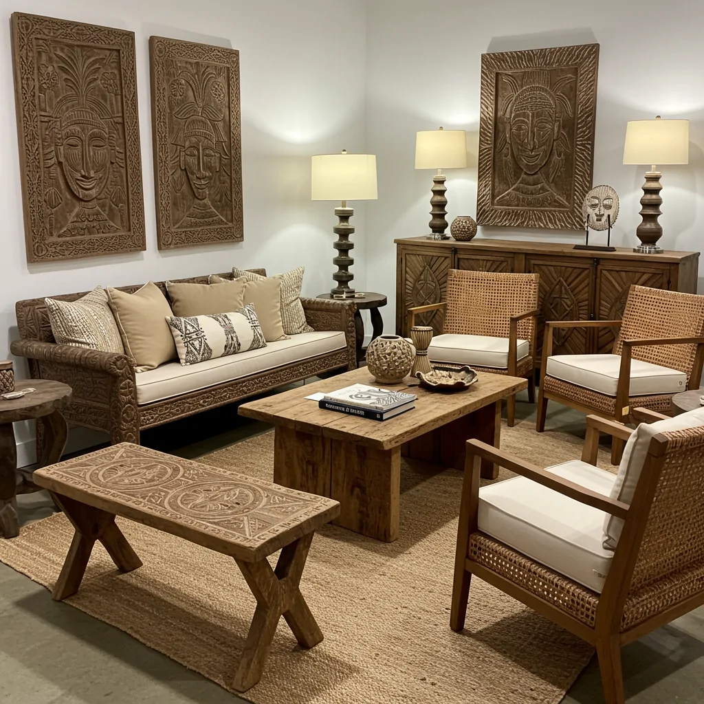 A well-lit room showcasing African-inspired furniture—carved wooden benches, rustic coffee tables, and rattan accent chairs.
