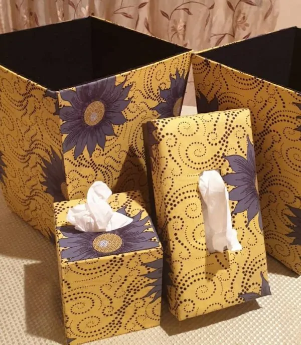 A colorful Ankara/African print tissue box.