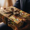 A man handing over an African print gift box to another man