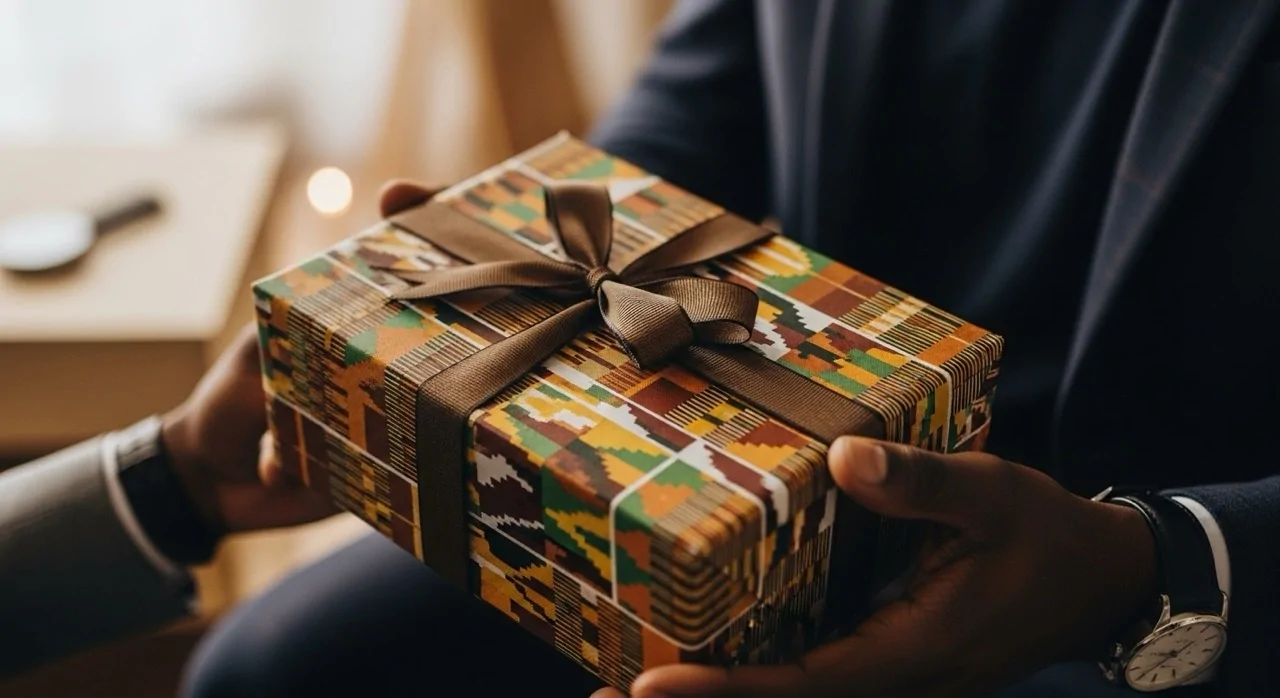 A man handing over an African print gift box to another man