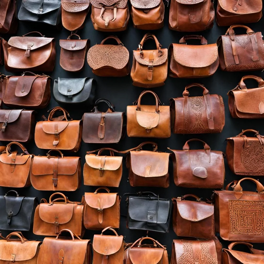 Display of various handmade leather bags in shades of brown and black, hanging on a dark background.