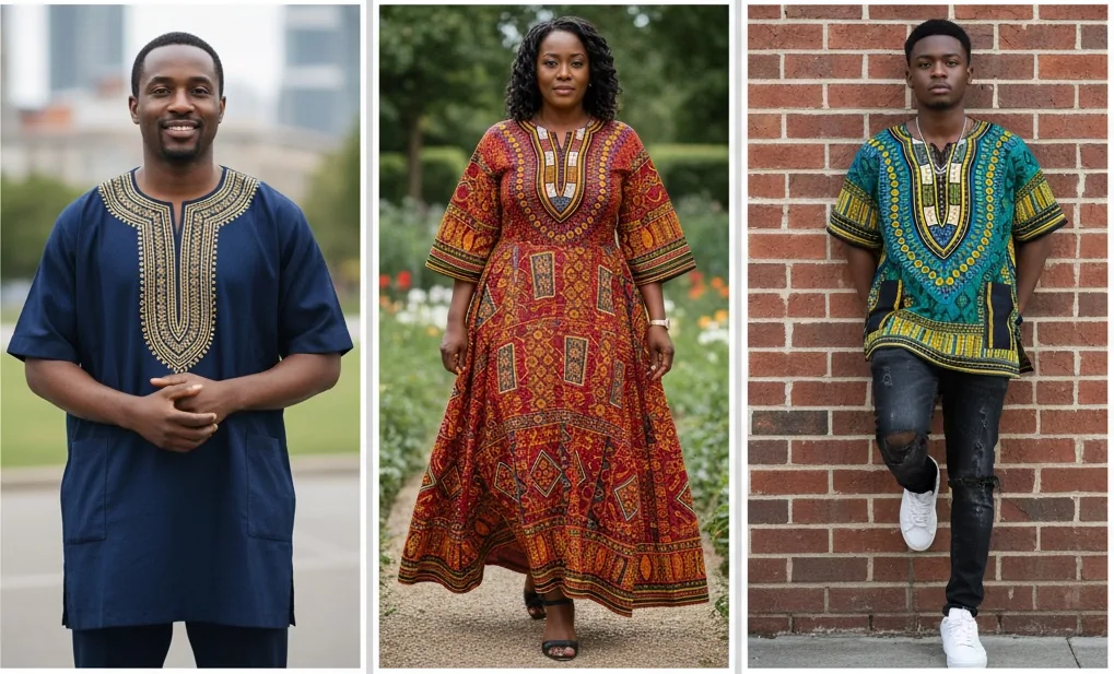 A collage of three images. 1) A man confidently wearing a classic dashiki shirt. 2) A woman elegantly styled in a long dashiki dress. 3) A trendy young person wearing a modern dashiki top with jeans.