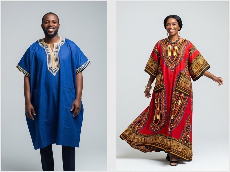 A collage of three images. 1) A man confidently wearing a classic dashiki shirt. 2) A woman elegantly styled in a long dashiki dress.