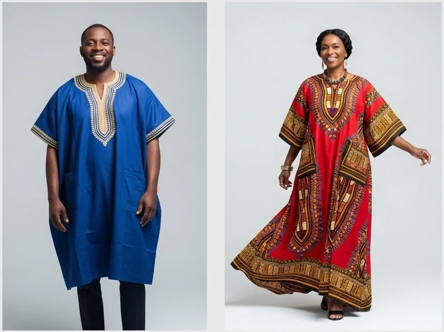 A collage of three images. 1) A man confidently wearing a classic dashiki shirt. 2) A woman elegantly styled in a long dashiki dress.