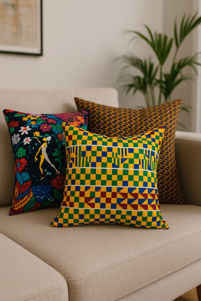 Vibrant African print throw pillows on a cushion in a living room.