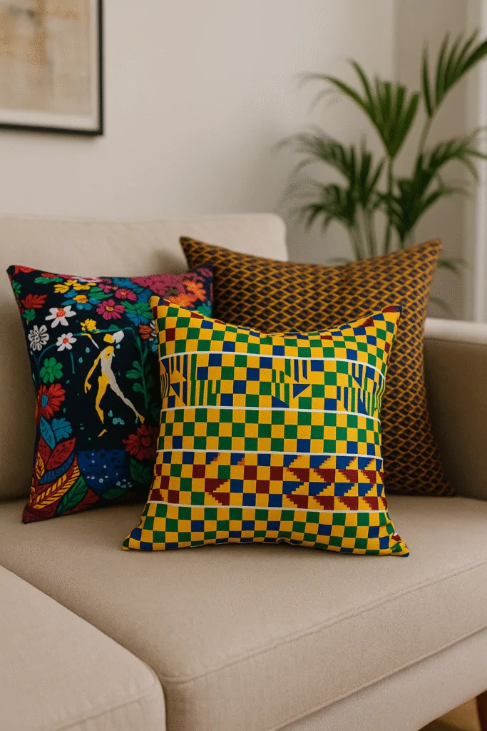 Vibrant African print throw pillows on a cushion in a living room.