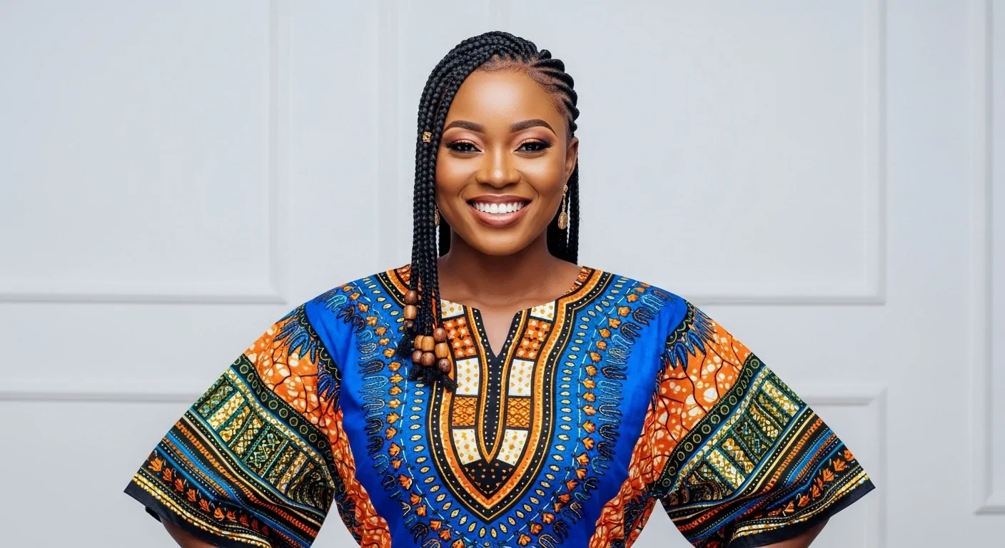 A confident and smiling young Nigerian woman. She is standing against a clean, minimalist background in a well-lit studio. She is wearing a modern, exquisitely tailored dashiki top made from a bold Ankara print with electric blue and sunset orange patterns.
