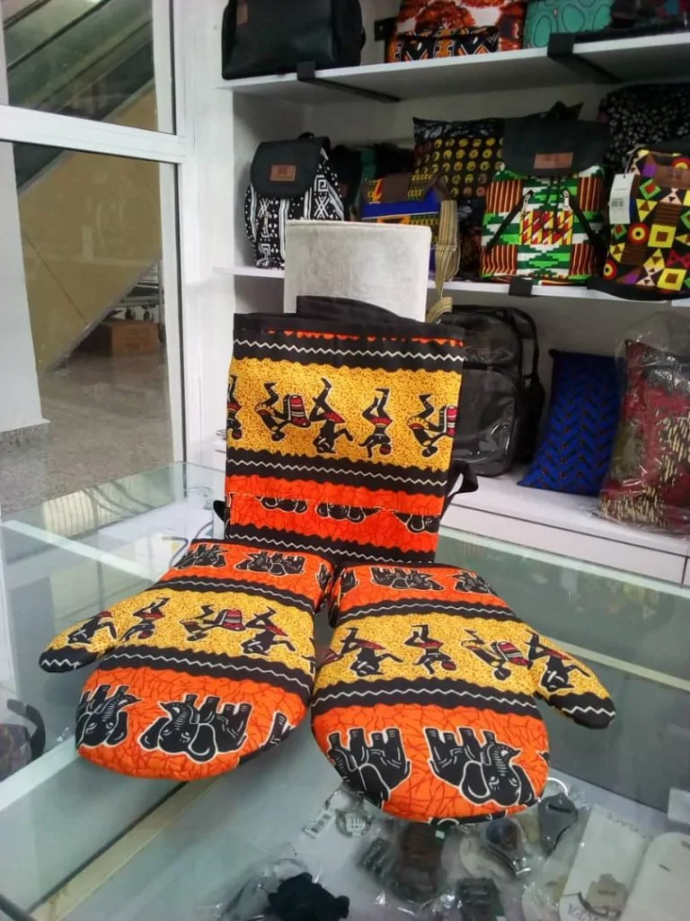 African Print Apron and Mitten Set with other African themed items like bags.