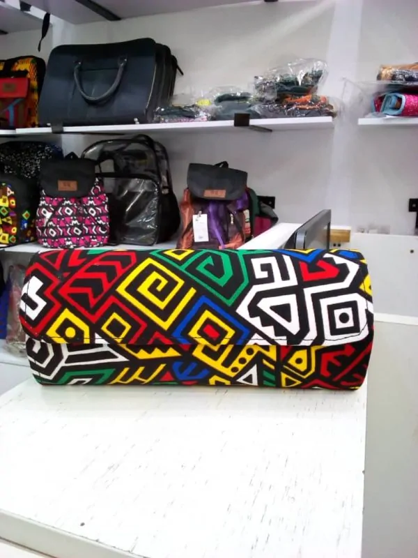 Ankara styled handbag with colorful patterned design.