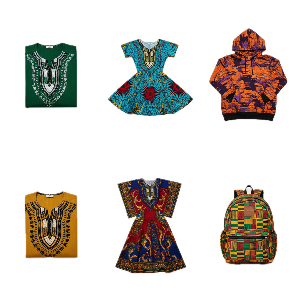 Different dashiki products available on the African Things website
