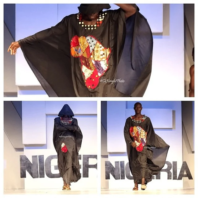 People with custom African styled clothes walking in a show.