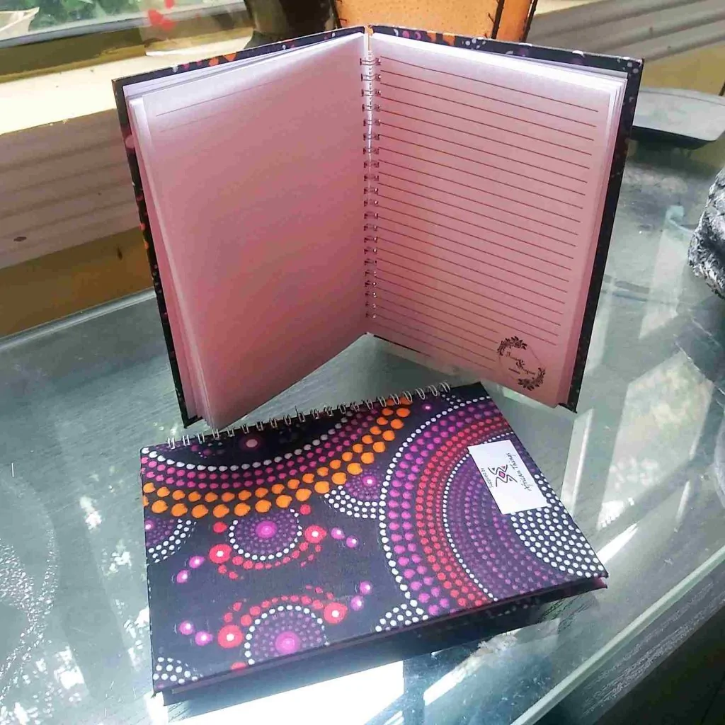 Two notebooks with African print covers.