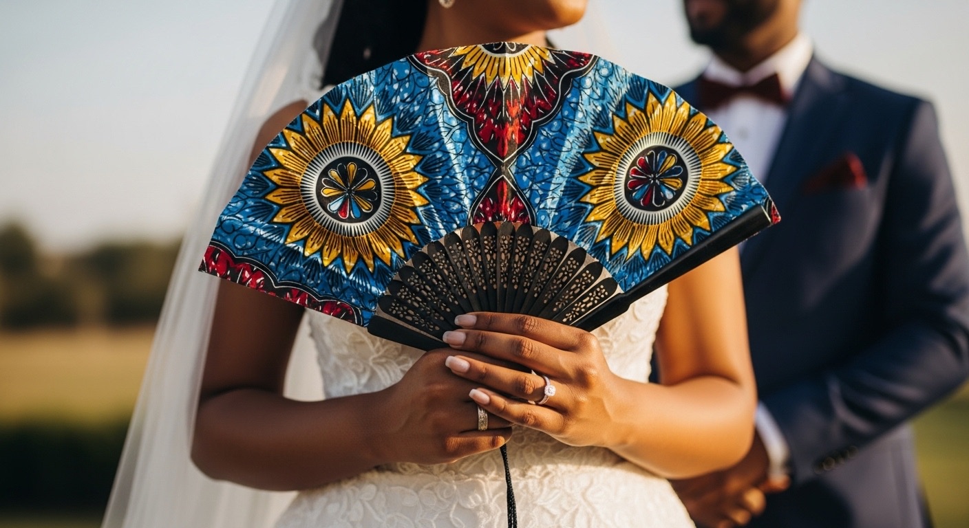 Close-up shot of a bride's hands holding a single, beautifully crafted Ankara hand fan.