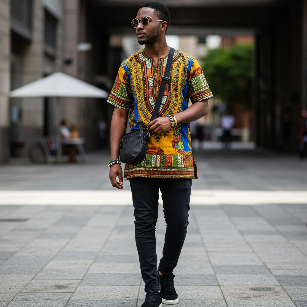 A man wearing a Dashiki shirt with denim jeans.