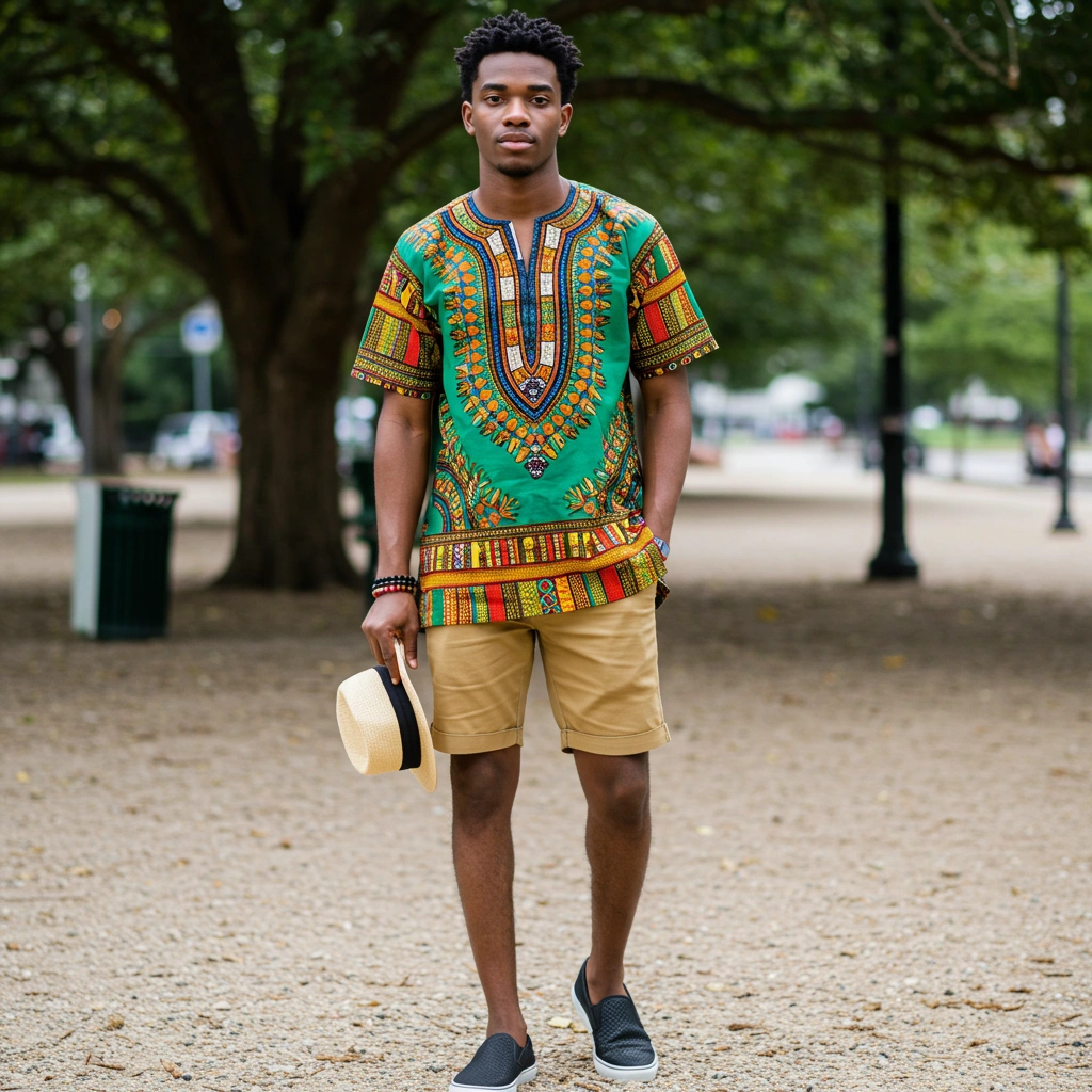 A man wearing a Dashiki shirt with shorts.