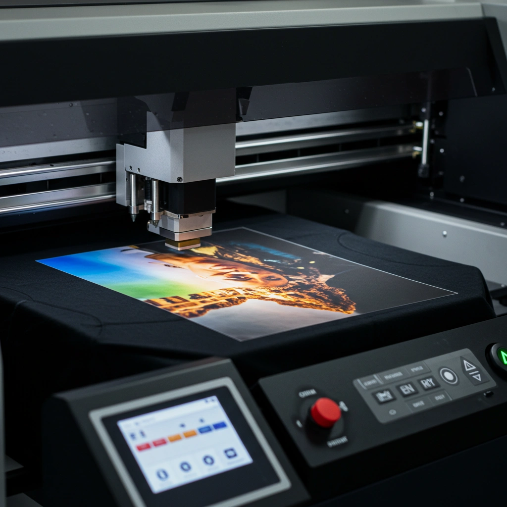 A high-tech DTG printer printing a full-color image directly onto a black cotton t-shirt.