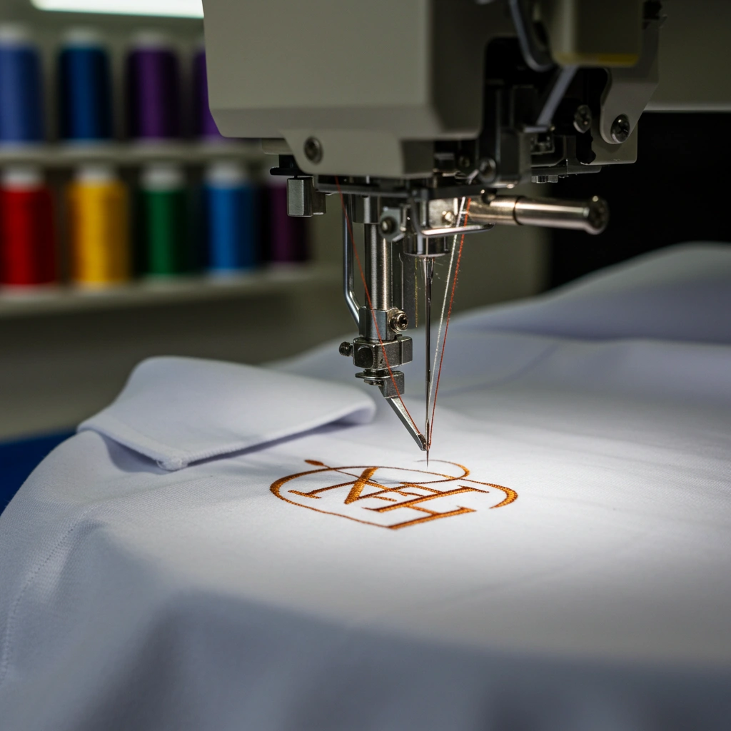 A close-up of an embroidery machine stitching initials onto a polo shirt.