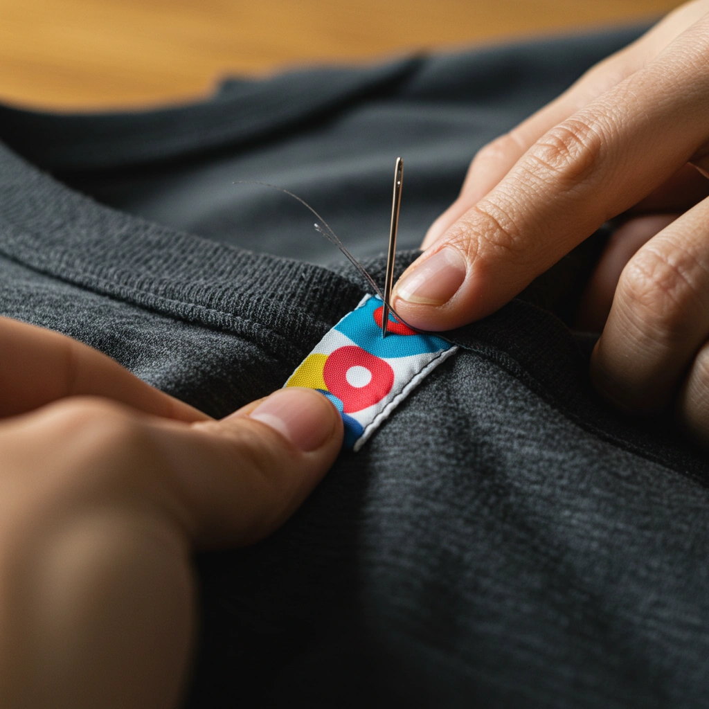 A hand sewing or attaching a branded fabric label to the inside neckline of a t-shirt, showing the customized tag with a logo or brand name clearly visible.