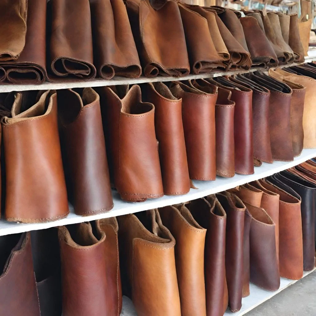 Stacks of premium handmade leather materials displayed on shelves.