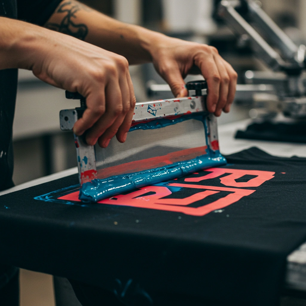 A close-up of a t-shirt being screen printed with a bold logo using a mesh stencil.