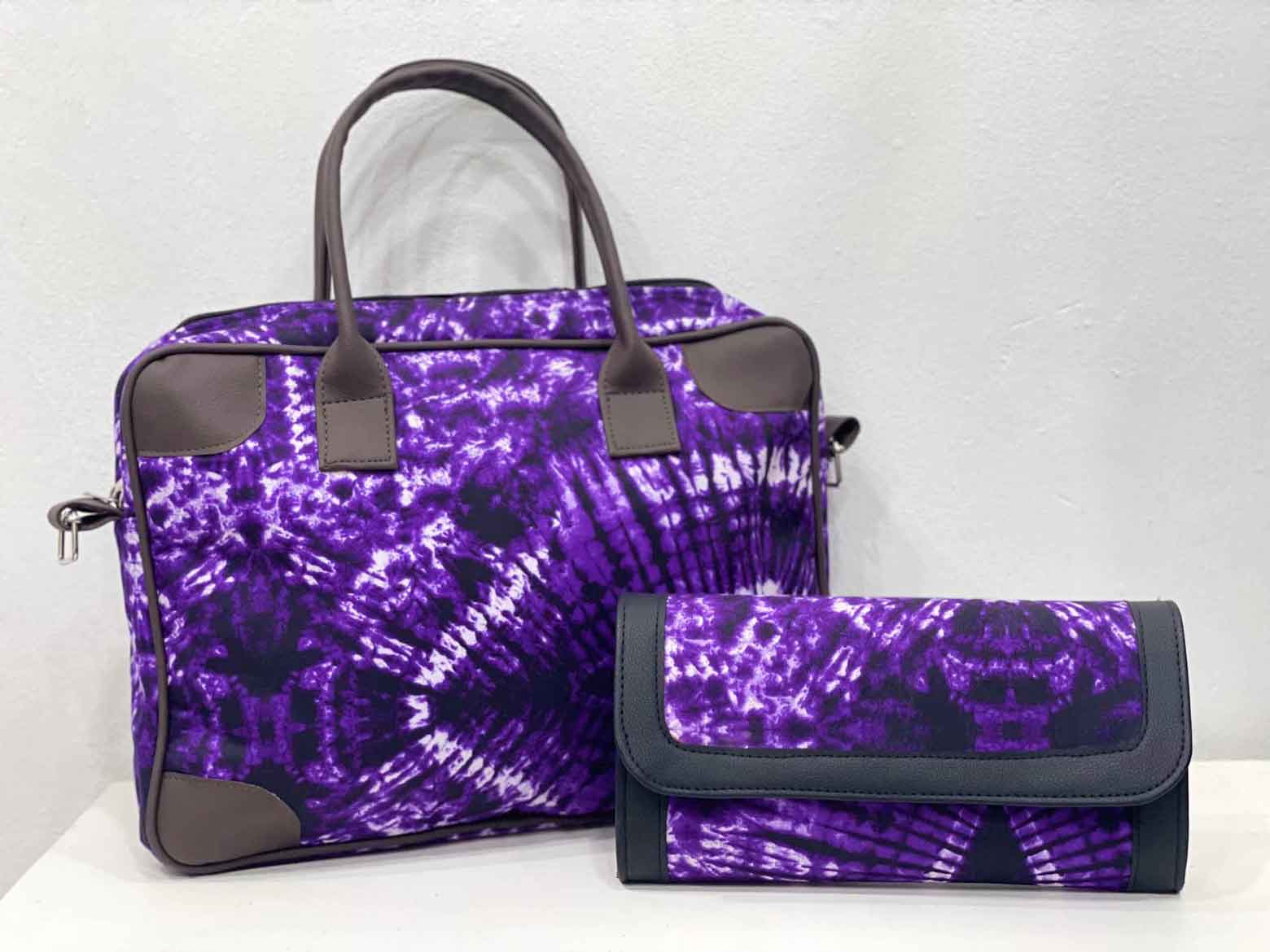 Purple Leather and African Print Adire Laptop bags and purse