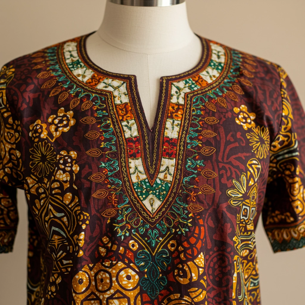 A stylish African dashiki shirt in bold colors and intricate embroidery.