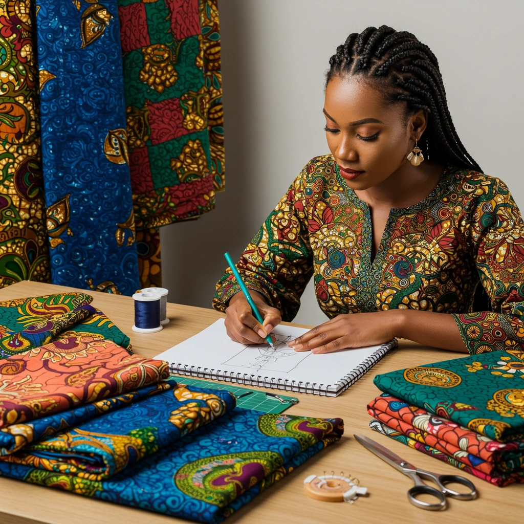 A Nigerian woman sketching a custom Ankara bag design at a workspace, surrounded by colorful African print fabrics and sewing tools.