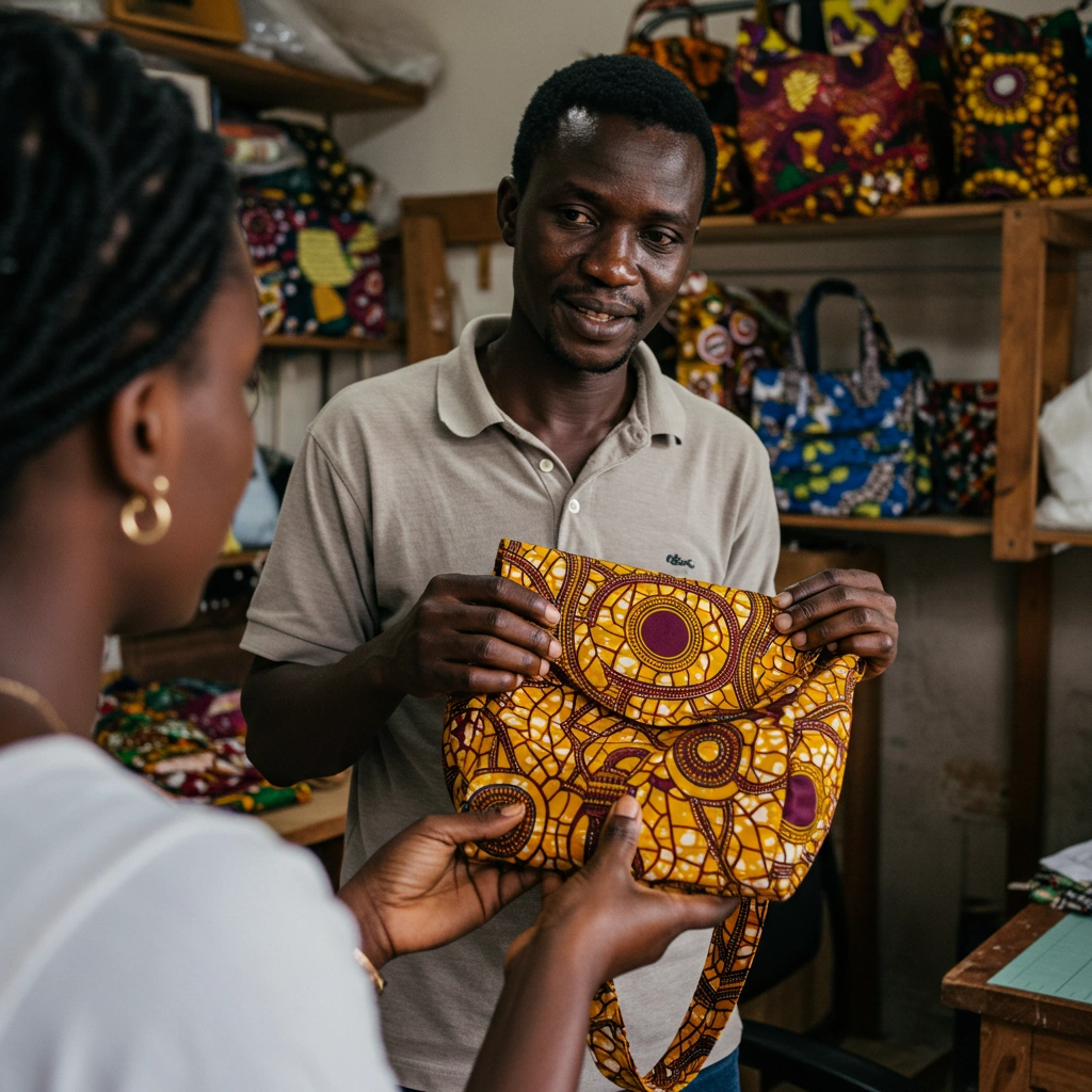A Nigerian artisan presenting a sample Ankara bag to a customer in a small workshop.